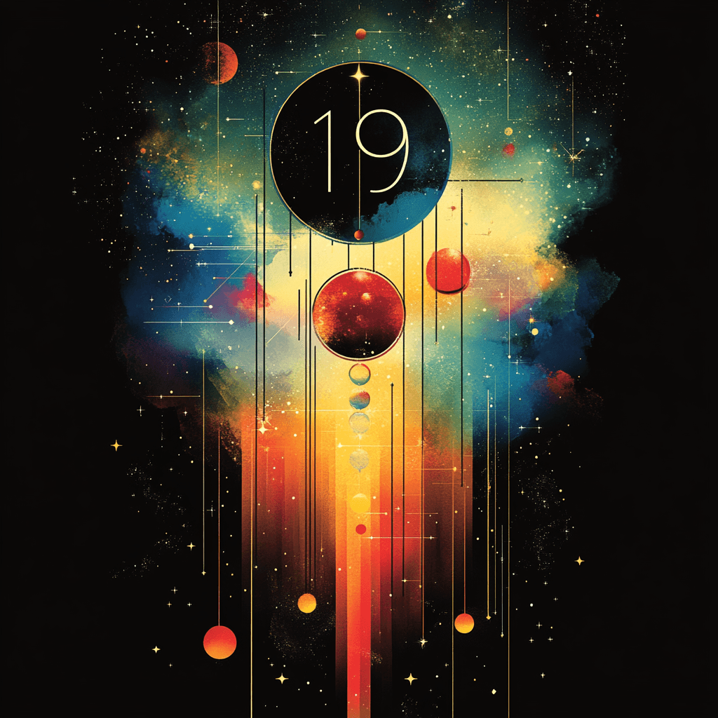 Geometric number 19 with celestial elements in flat design style.