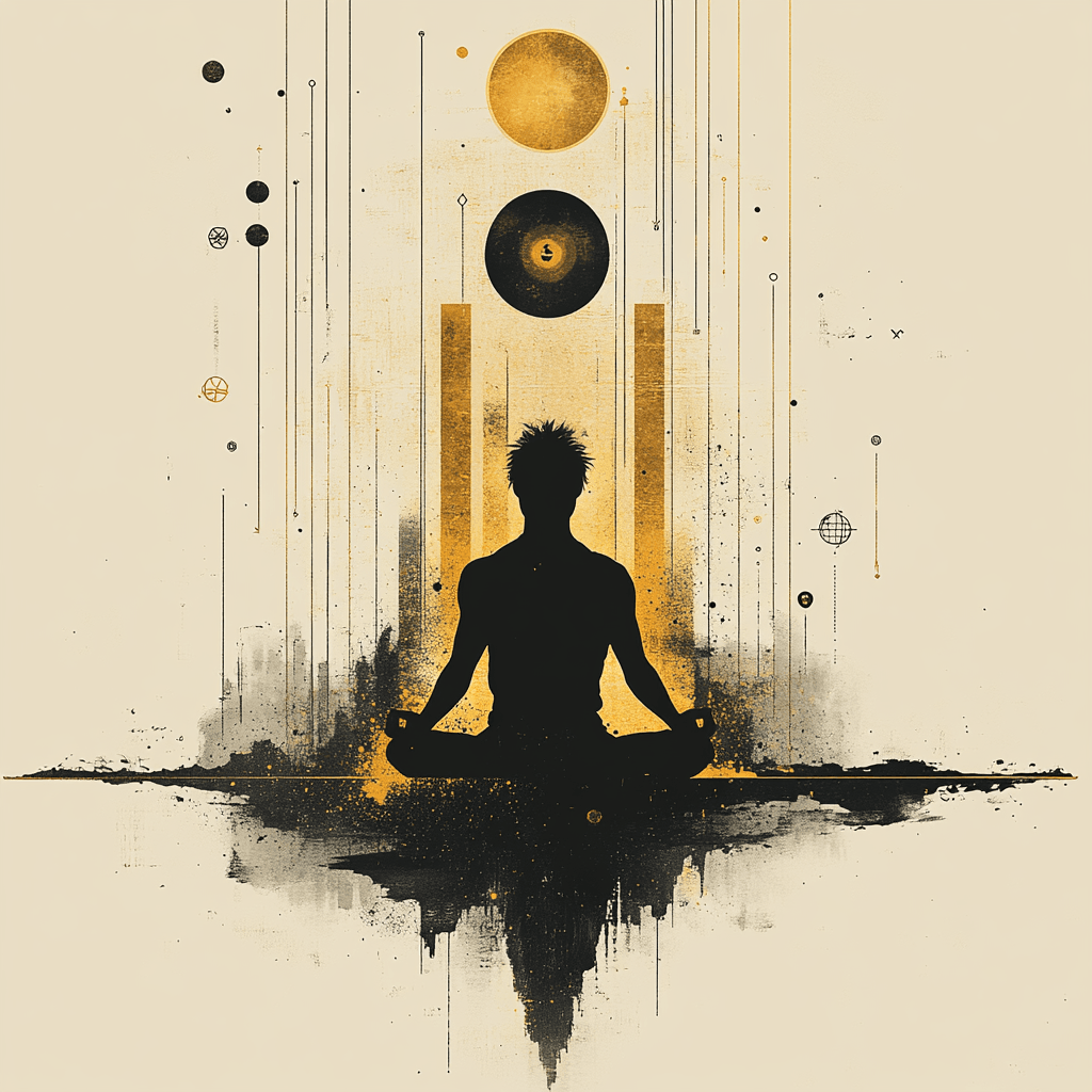 Gold number 11 with geometric shapes and meditating figure in flat design.