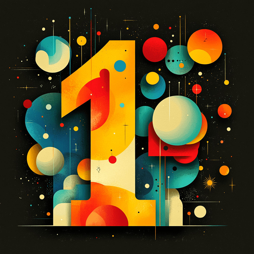 Golden number 1 with constellations and energy waves in flat design style.