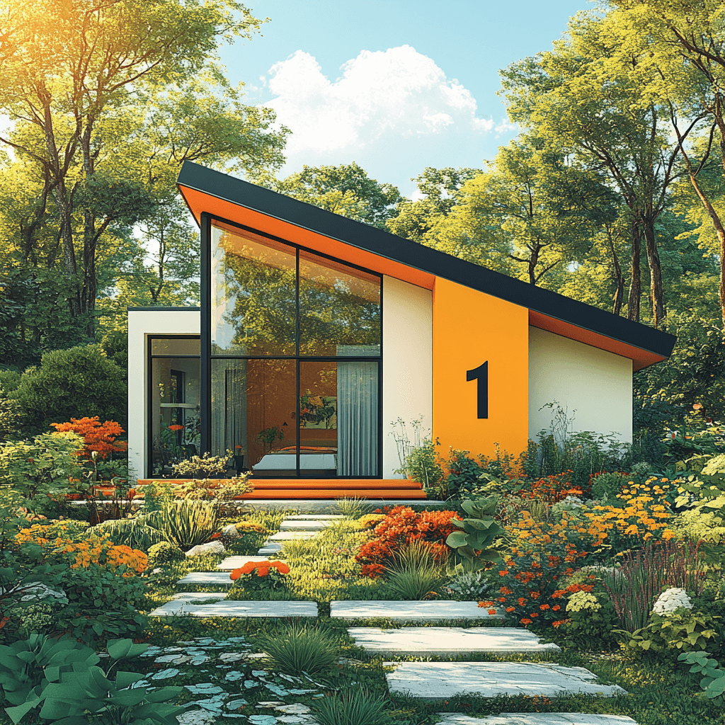 1 House Numerology featuring a home entrance with house number 1 and geometric greenery in flat design style.