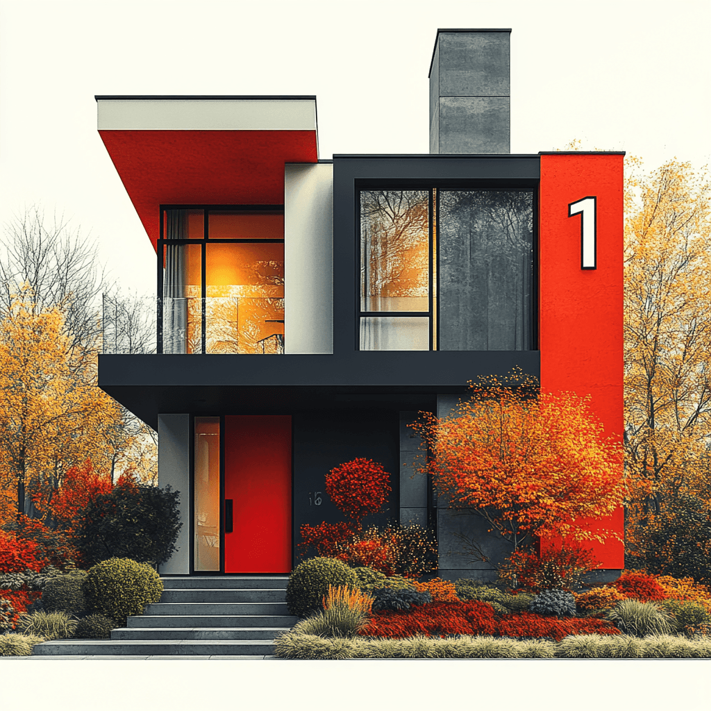 Home with number 1 and geometric flowers in flat design style.