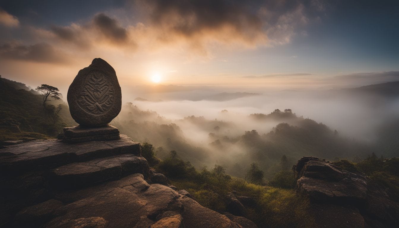 Ancient symbol carved into weathered stone surrounded by mystical mist.