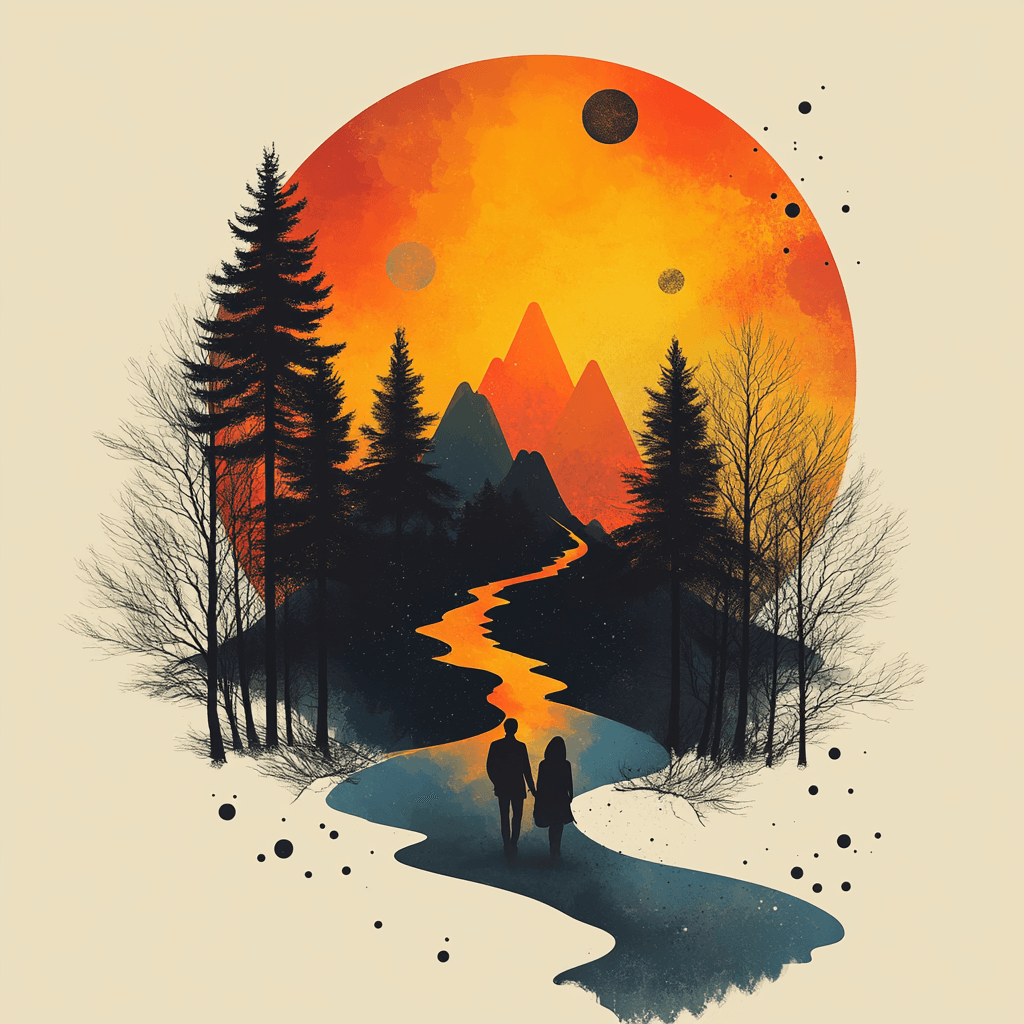 Intertwined paths and figures with numerological symbols in flat design.