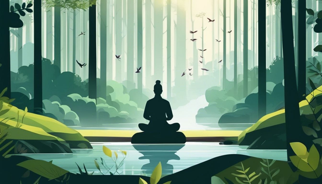 A person meditating in a peaceful forest clearing. A person meditating in a peaceful forest clearing.
