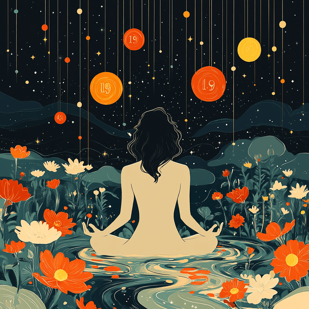 Meditation scene with geometric elements and number 19 in flat design style.