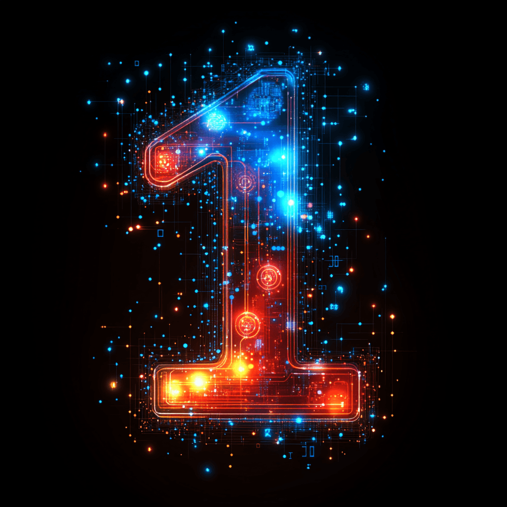 Number 1 with digital circuits and numerology symbols in flat design style.