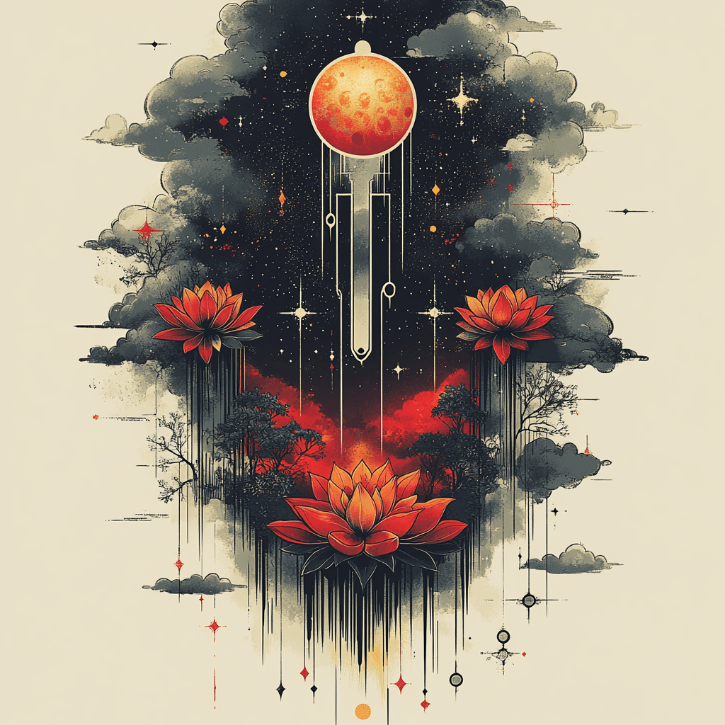 Number 11 with cultural symbols in a flat design night sky.