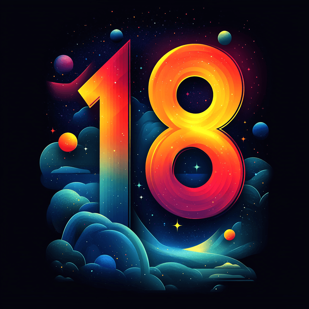 Number 18 with geometric symbols and cosmic shapes in flat design style.