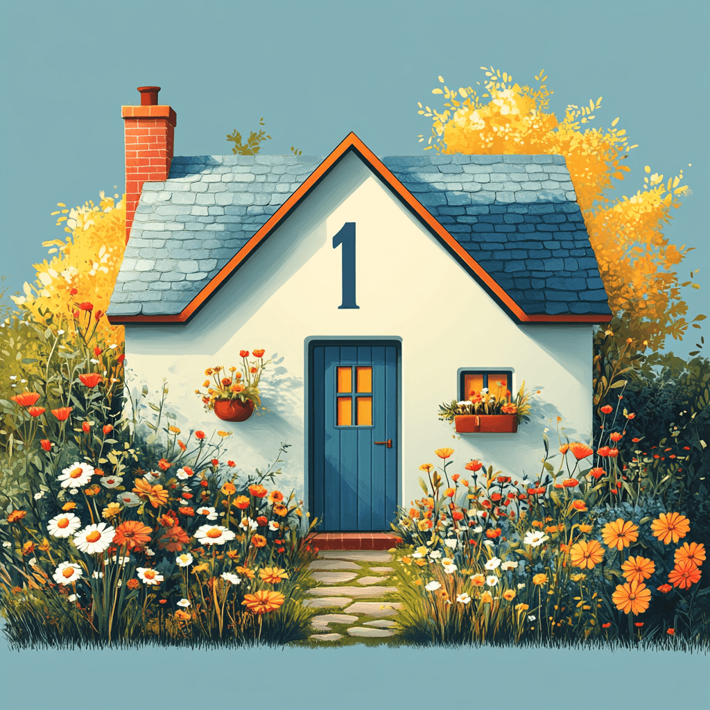 Split image of house number 1 and abstract numbers 2-9 in flat design style.