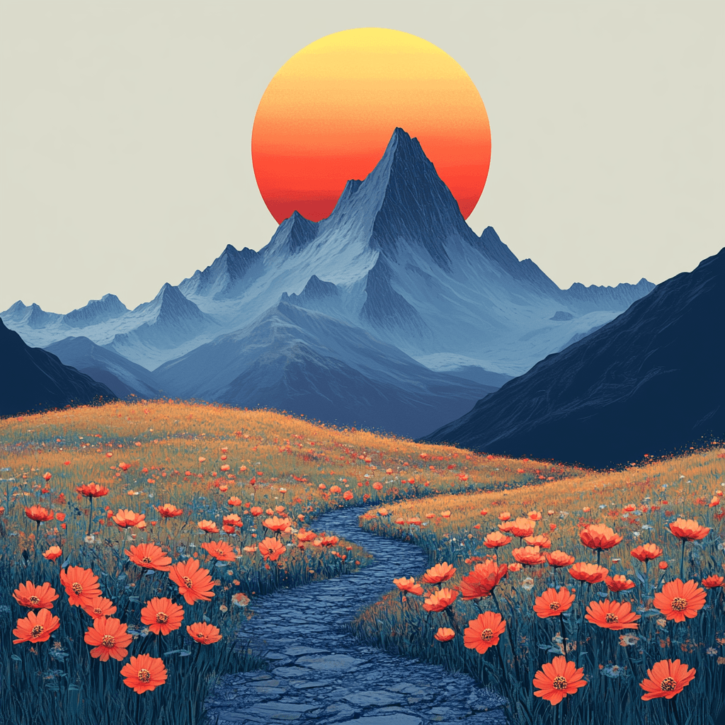Sunrise over mountain with path and wildflowers in flat design style.