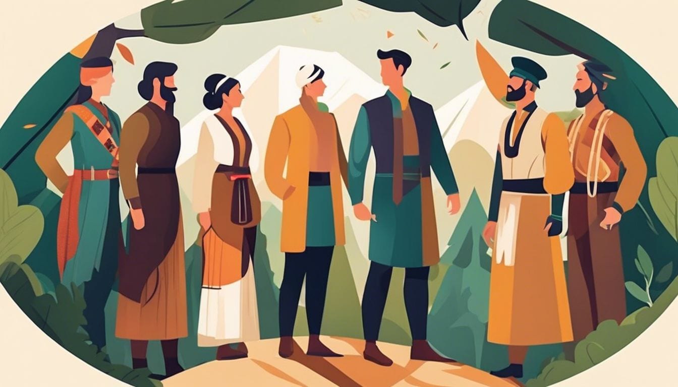 A diverse group of people standing in a forest setting in cultural attire.