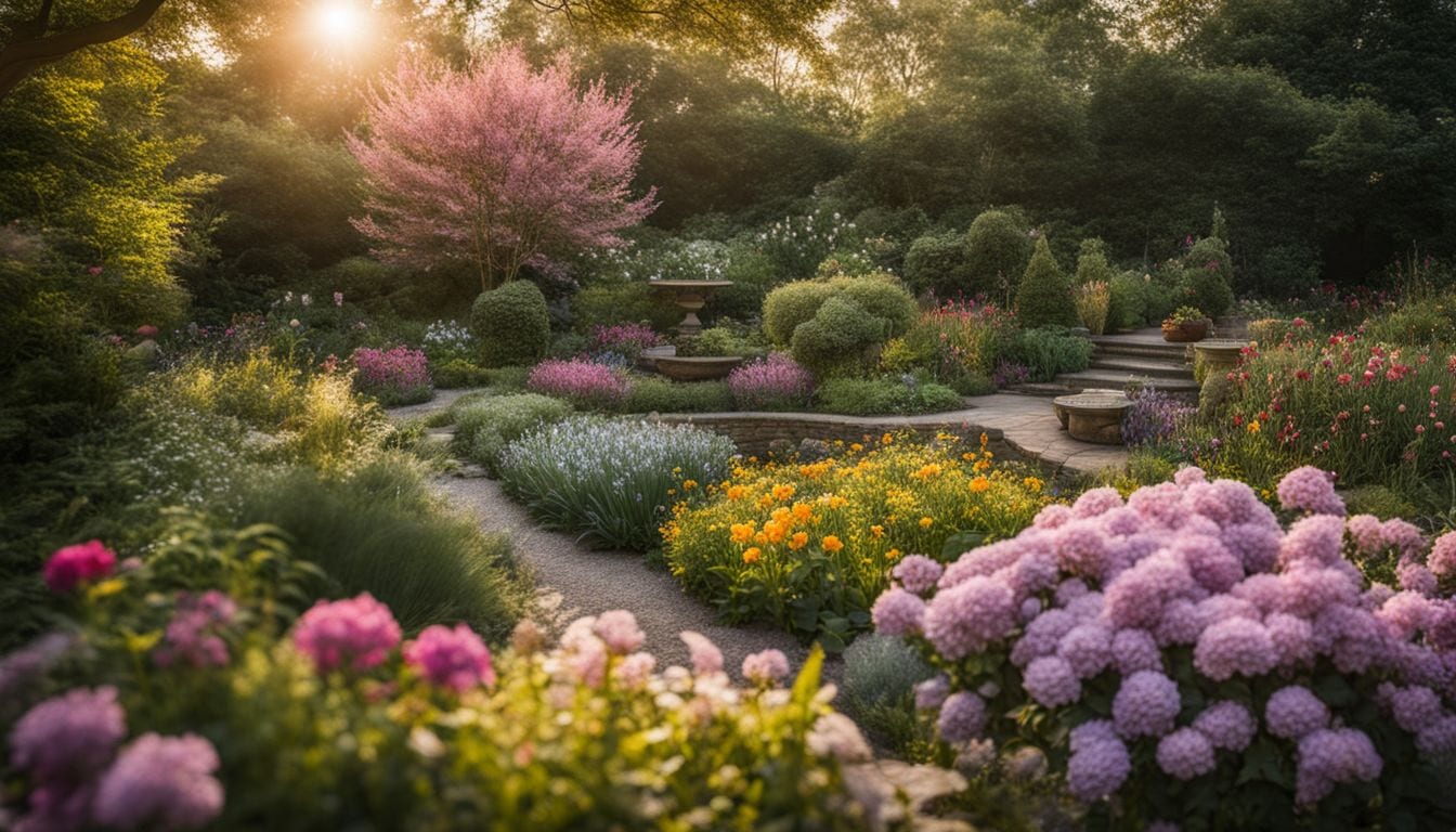A beautiful garden with various people enjoying the blooming flowers.