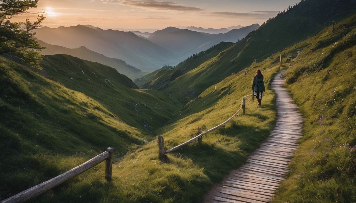 A person walking along a path with 14 marked posts.