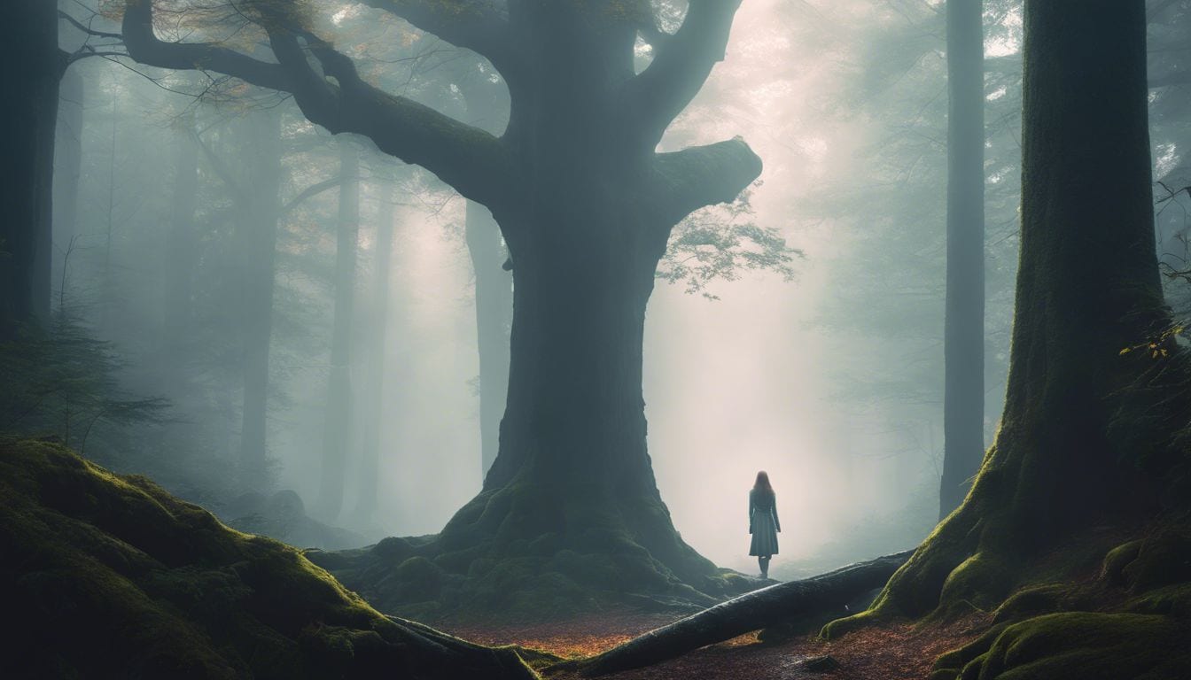 A woman standing alone in a misty forest surrounded by ancient trees. A woman standing alone in a misty forest surrounded by ancient trees.