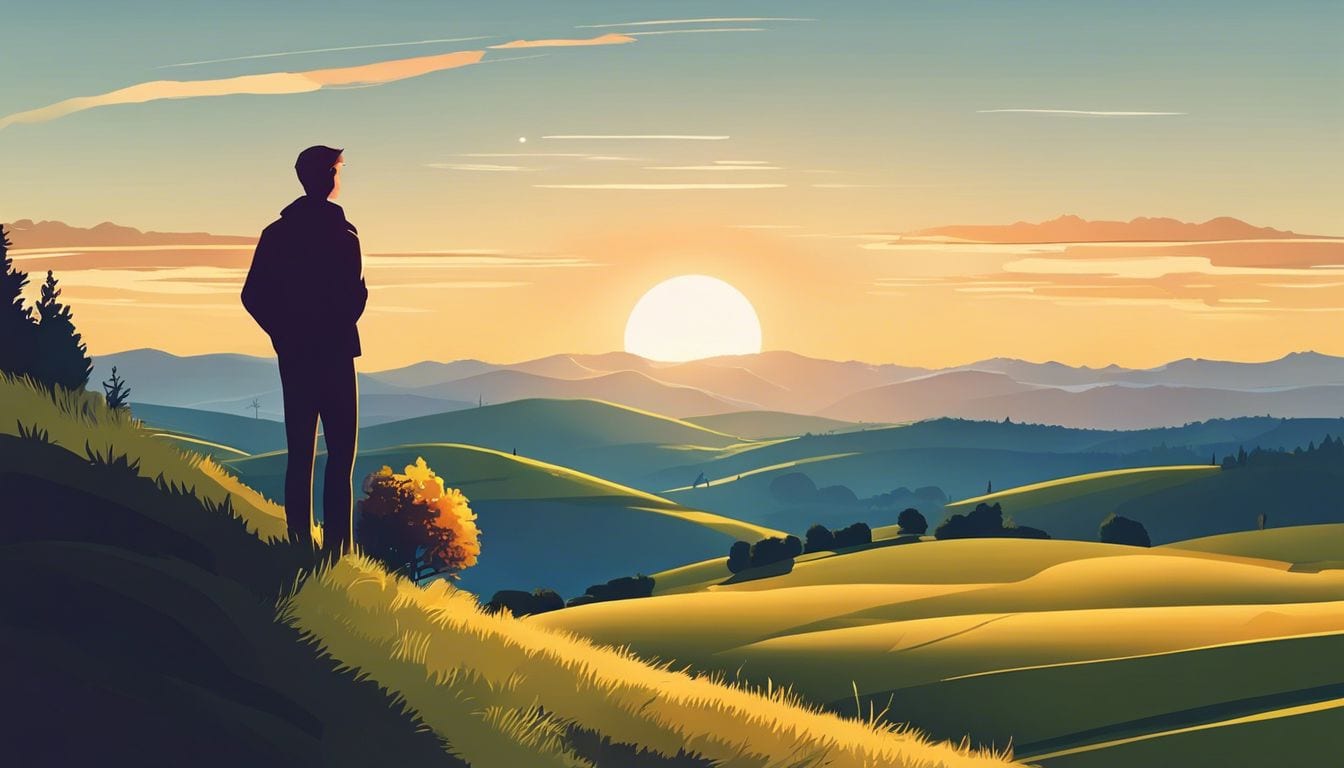 A person standing on a hill, contemplating the sunset over rolling hills.