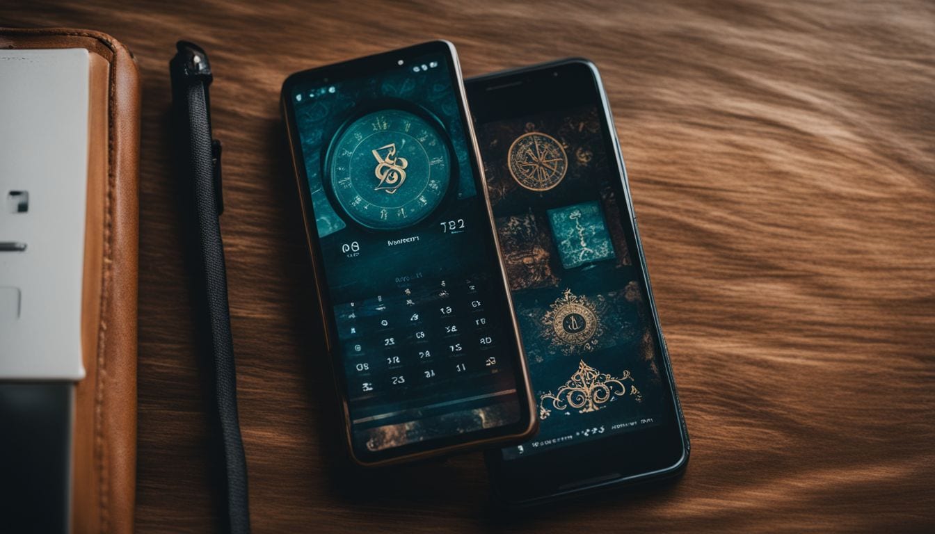 A smartphone displaying a mysterious phone number surrounded by numerology symbols.