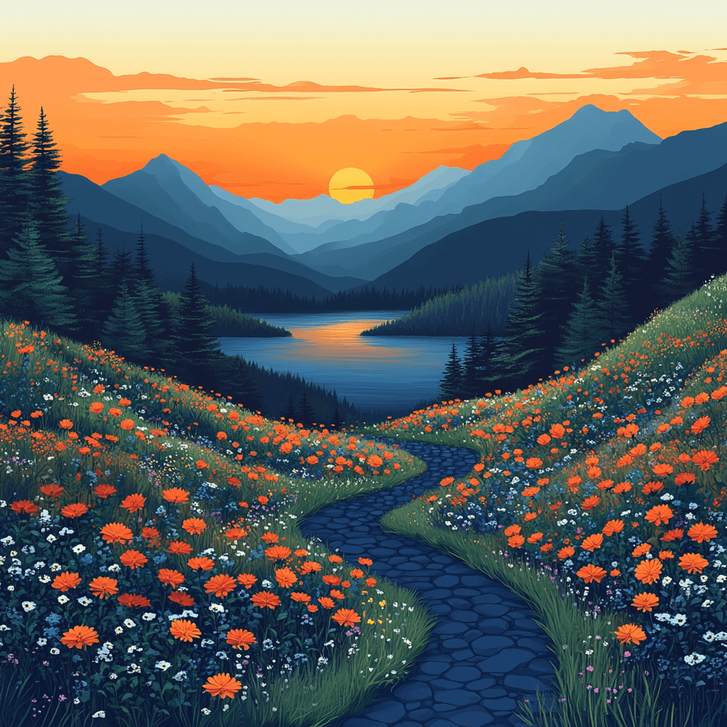 Winding path and flowers leading to sunrise in flat design style.