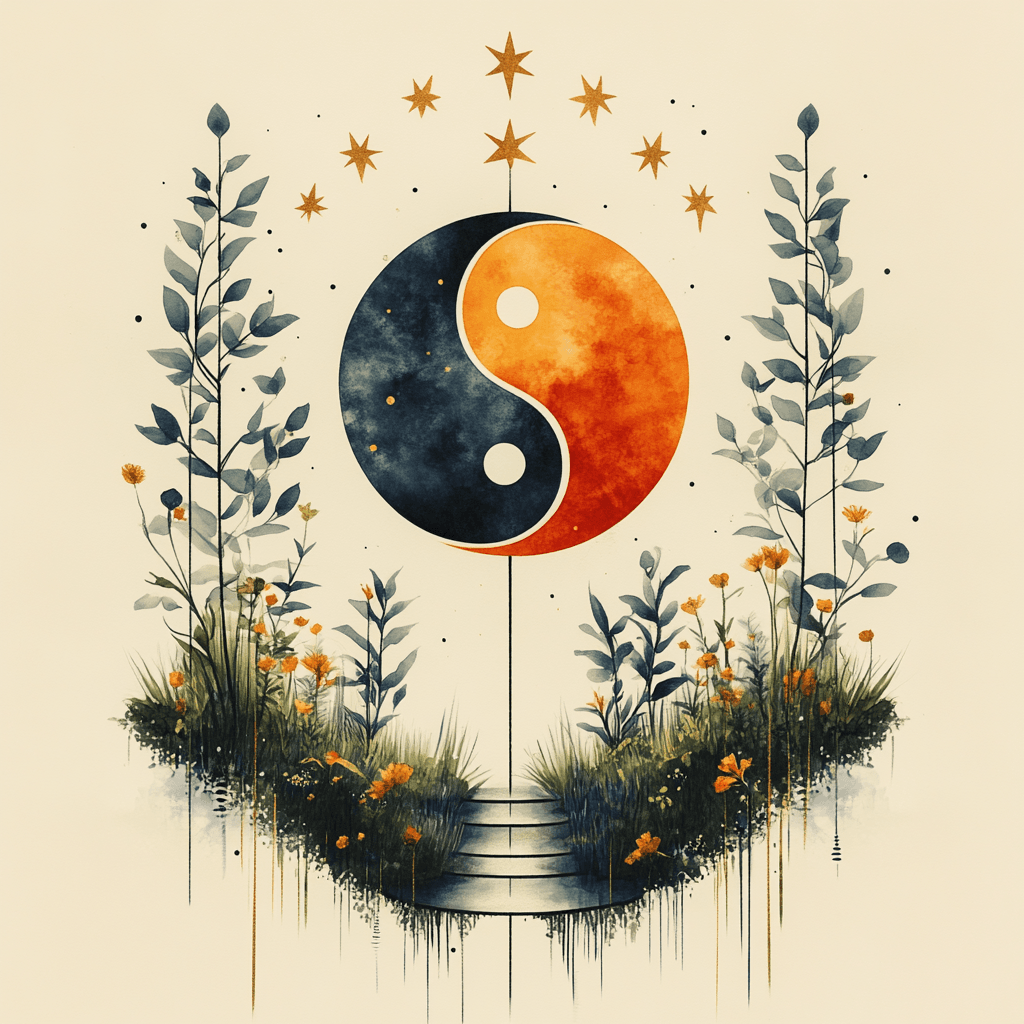 Yin-yang symbol with geometric stars and path in flat design style.