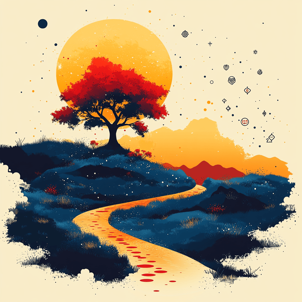 Flat design illustration of spiritual growth journey with numerology symbolism.