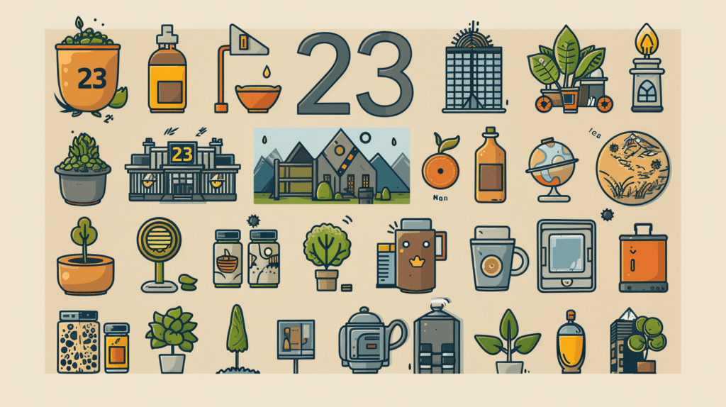 Flat design of Number 23 in various life aspects.