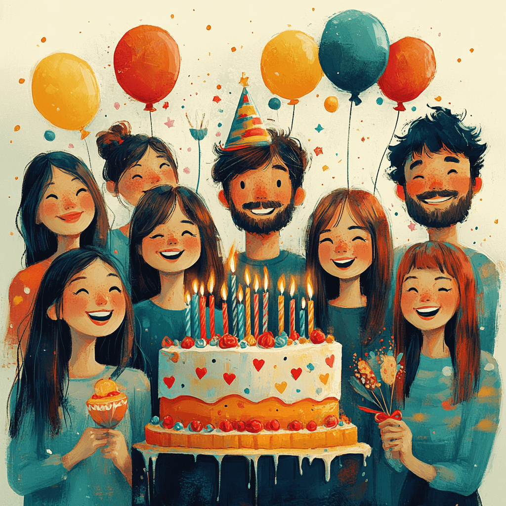 21 Birthday Date featuring a Geometric birthday celebration with cake, friends, and balloons in flat design style.