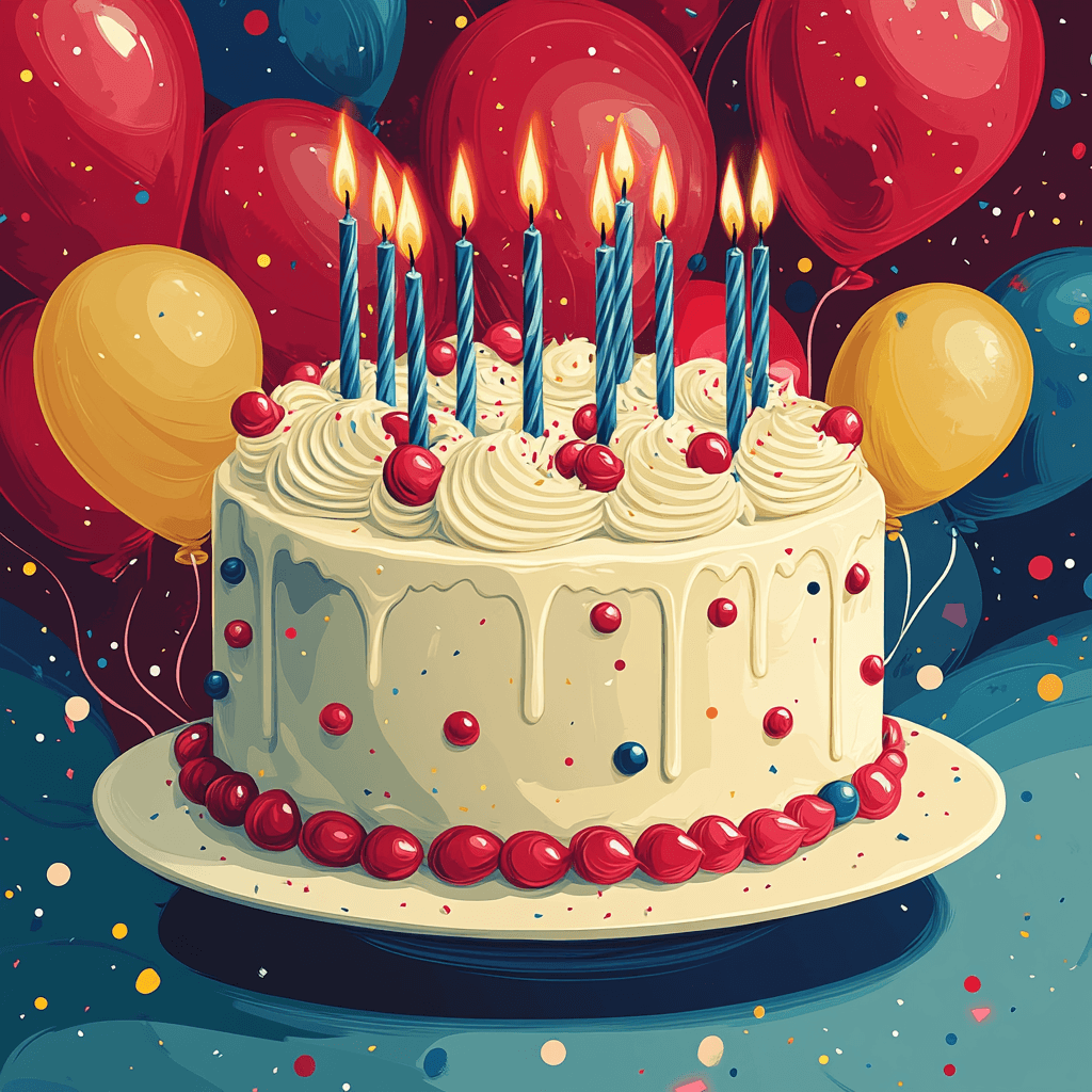 Geometric birthday scene with cake, balloons, and confetti in flat design style.