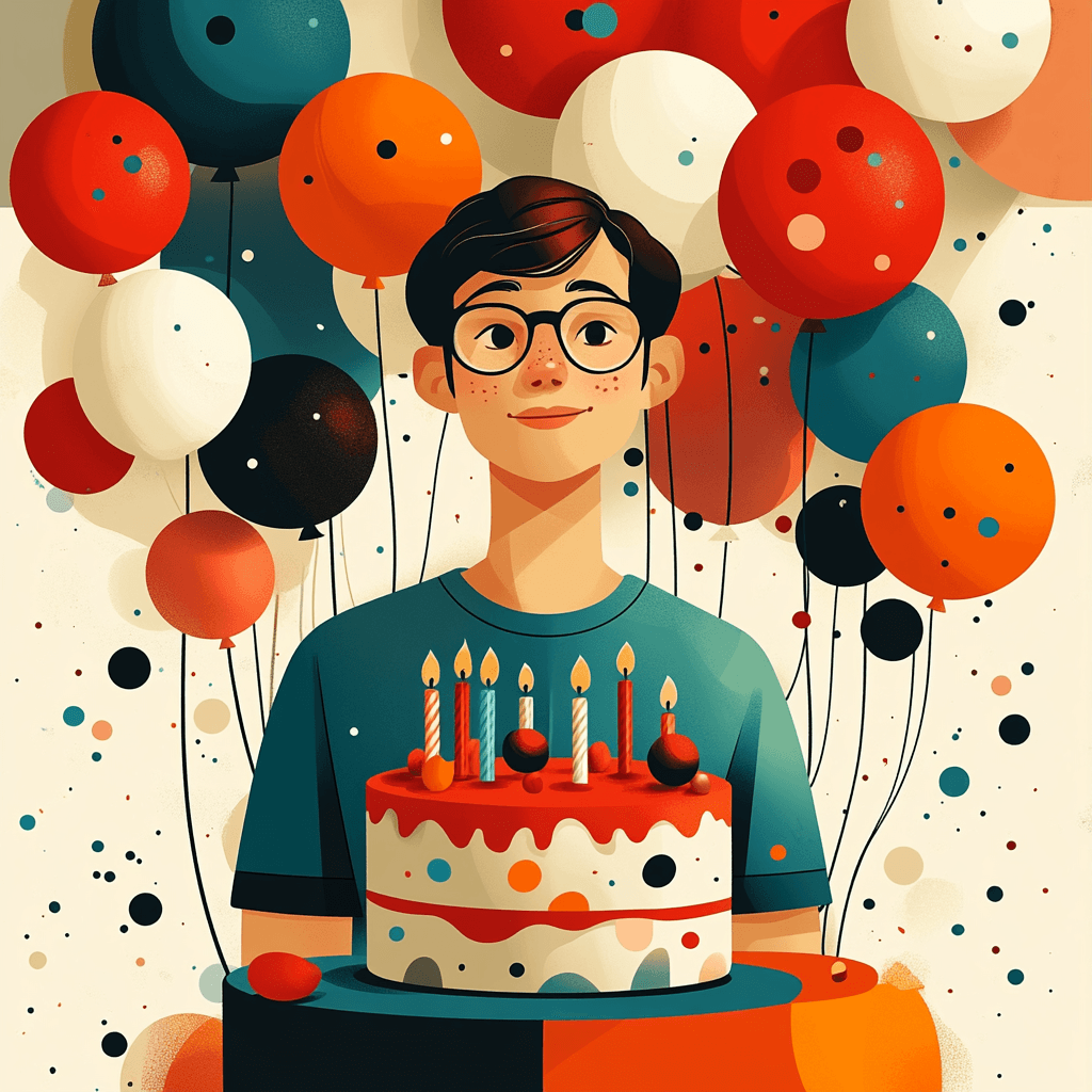 Geometric birthday scene with cake, obstacles, and potential in flat design style.