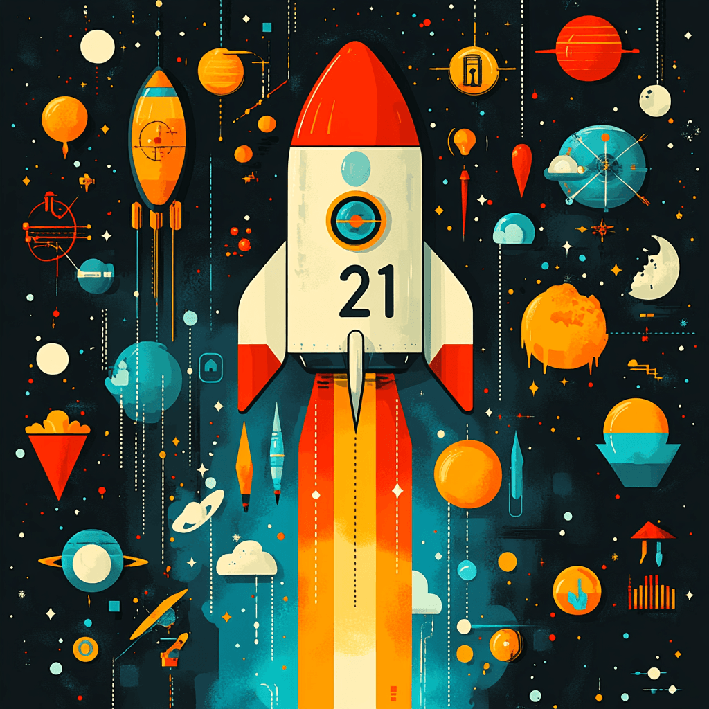 Geometric celestial scene with number 21 and career symbols in flat design style.