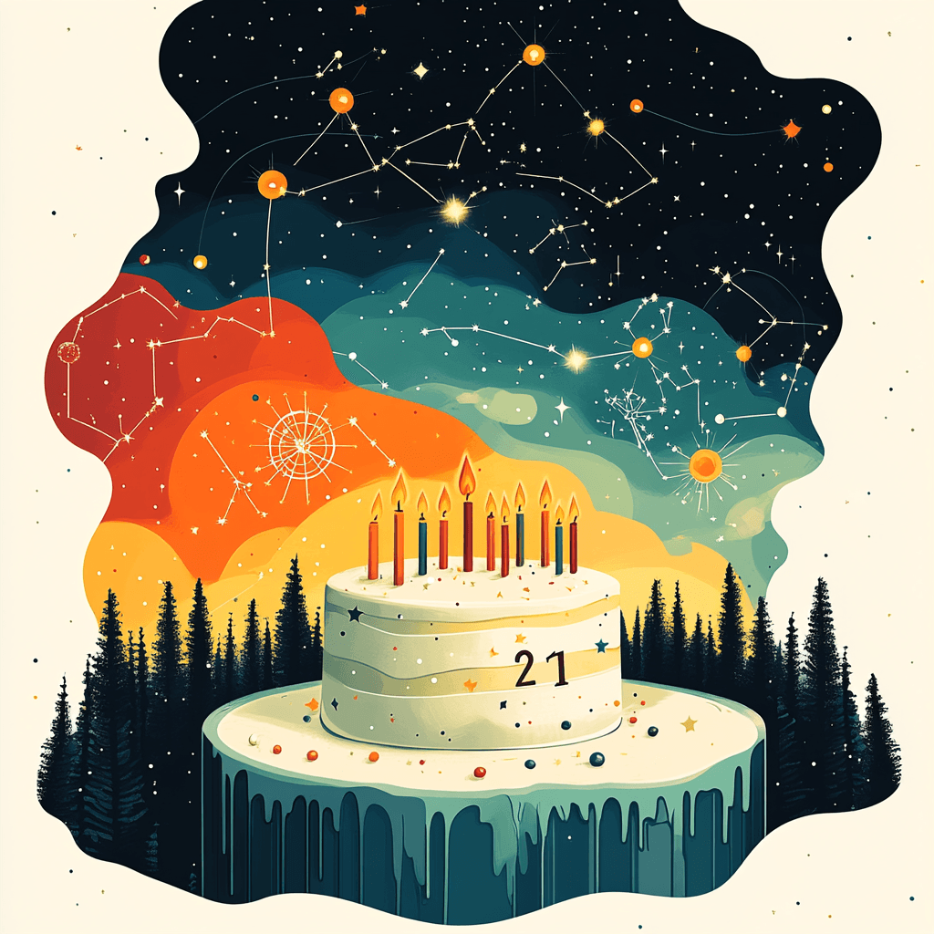 Geometric dreamy scene with zodiac wheel, cake, and symbols in flat design style.