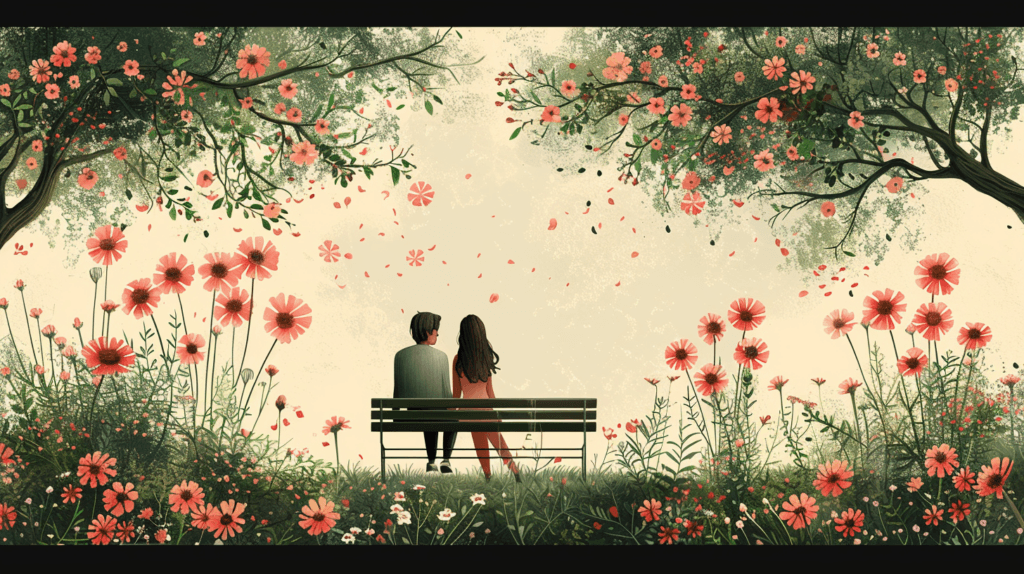 a couple sitting on a simplified bench