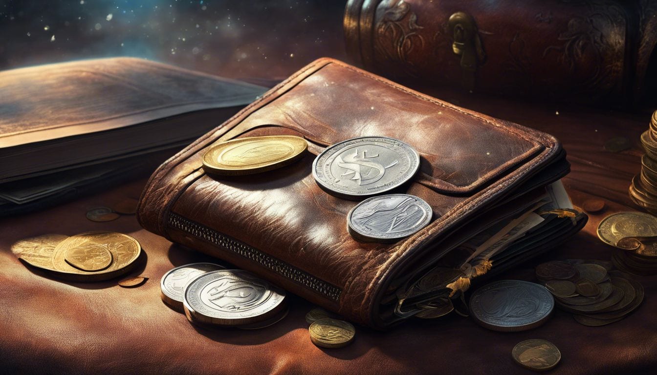A wallet filled with cash, coins, and financial documents on a leather surface.