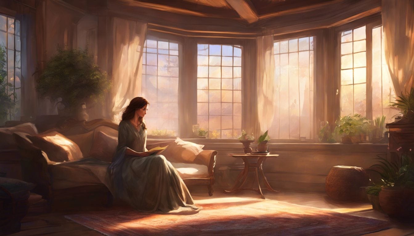 A woman sits comfortably in a cozy, peaceful room with soft music.