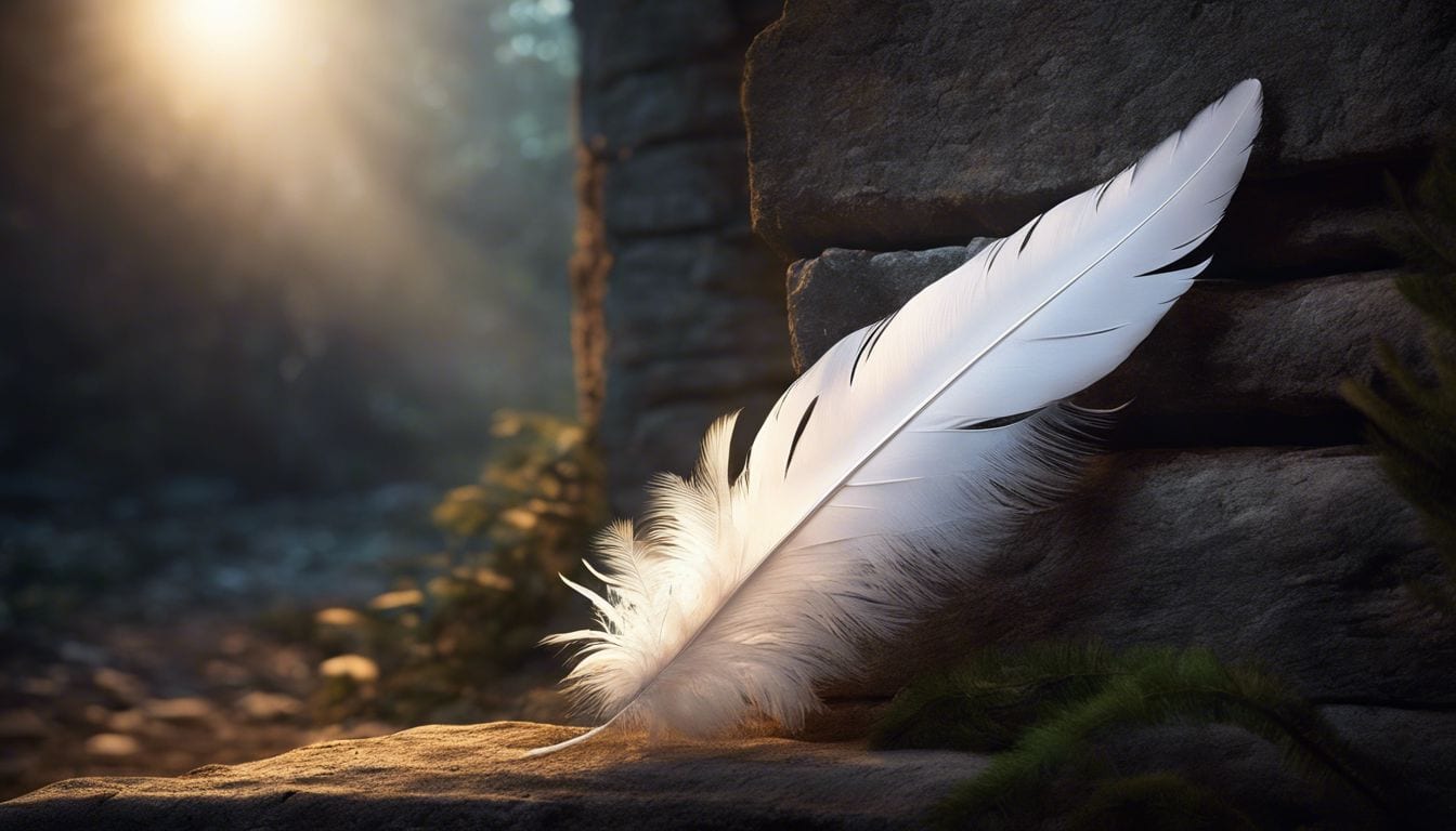 A white feather symbolizing resilience and guidance rests on a stone wall.