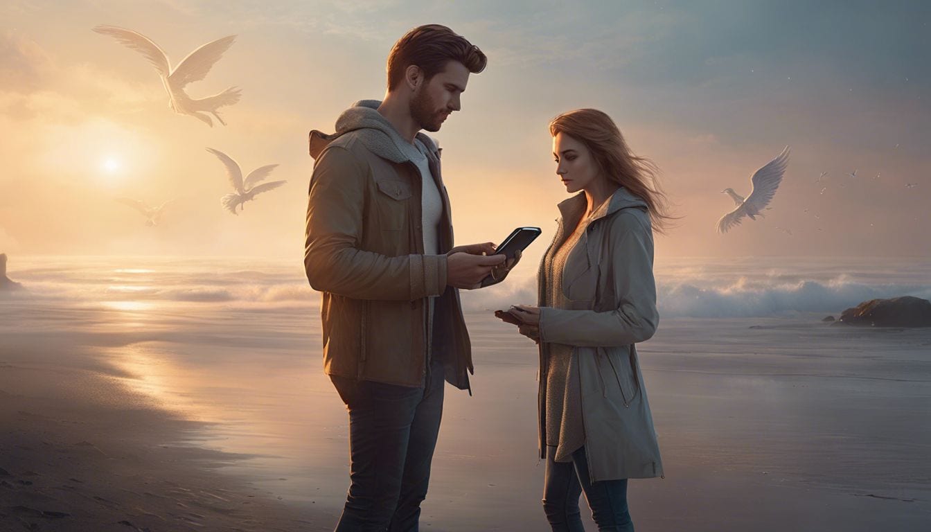 A couple stands on a foggy beach at sunrise, looking at a smartphone showing the angel number 411.