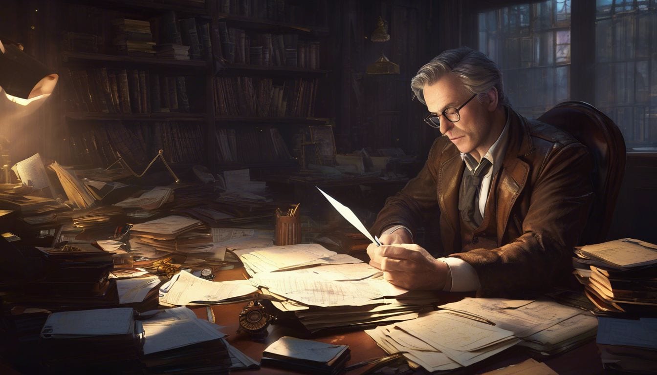 A middle-aged man working on financial documents at a cluttered desk.