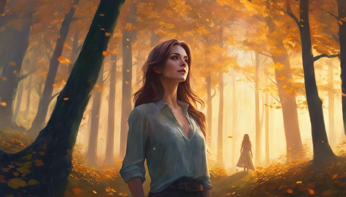 A woman stands in a peaceful forest clearing at dusk.