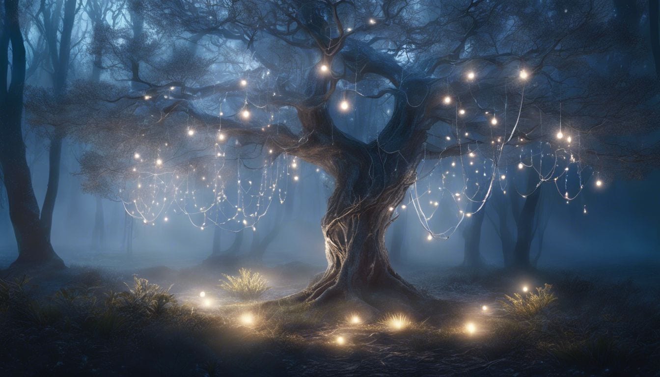 A forest clearing at dusk with fairy lights forming the number 717.