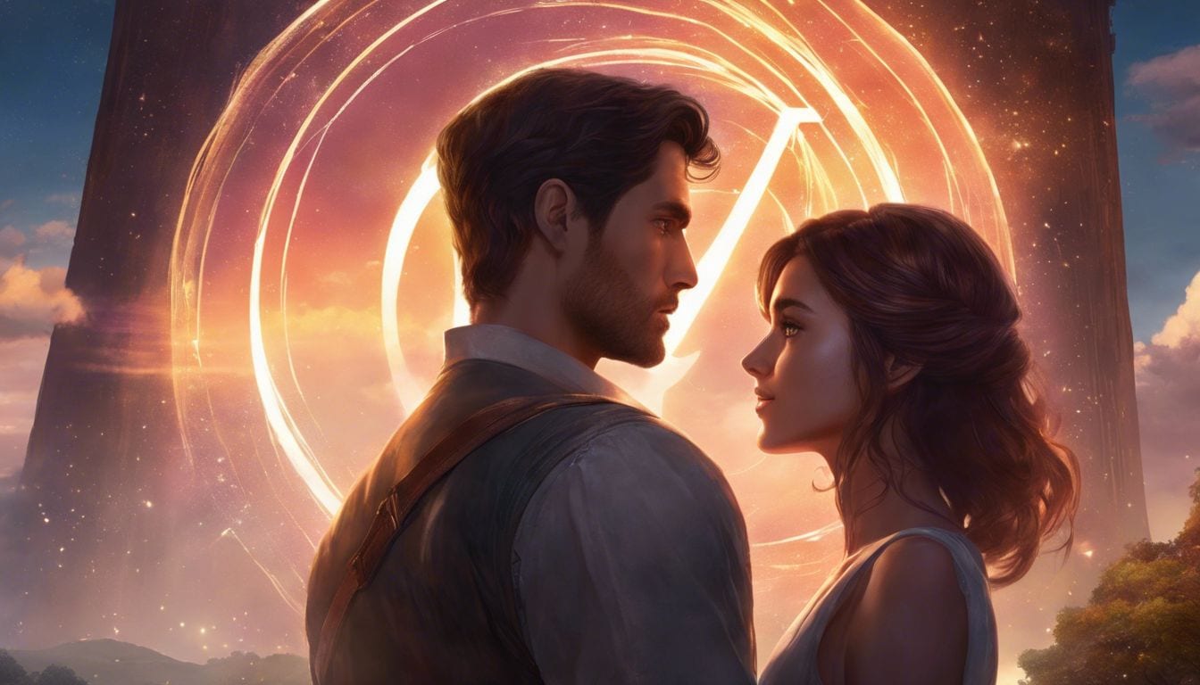 A couple in their 30s standing by a lake watching number 77 in the sky.