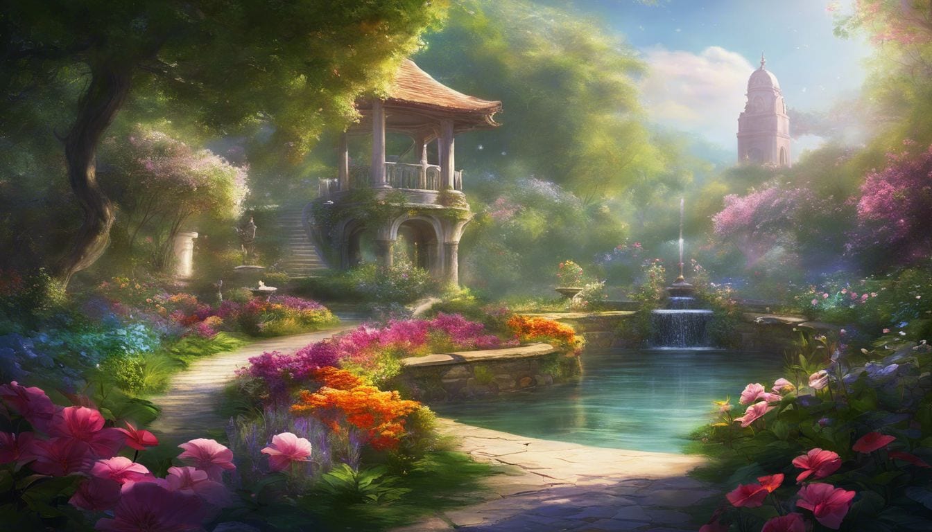 A person stands in a tranquil garden with blooming flowers.