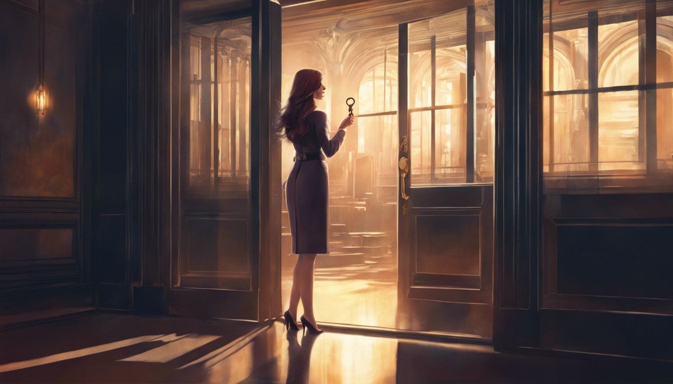 A woman holding a key in front of a closed office door.