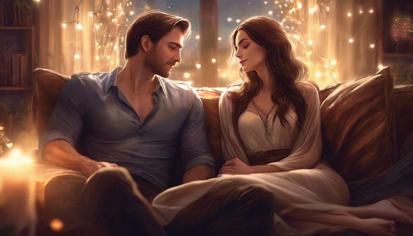 A couple in their mid-30s sitting on a couch, holding hands and gazing at each other lovingly.