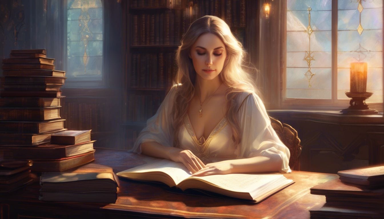 A woman sits in a room surrounded by books, with a numerology chart and spiritual symbols.