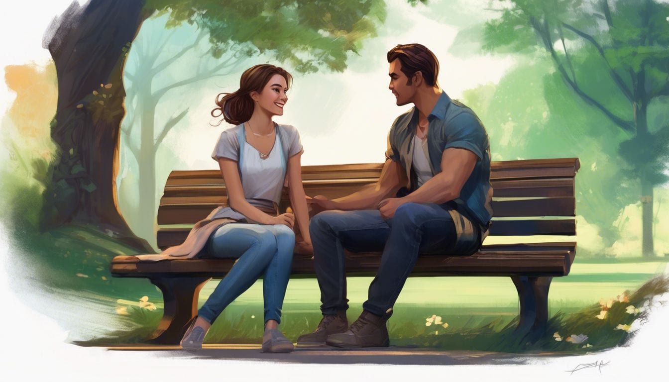 A woman and a man having a conversation on a park bench.