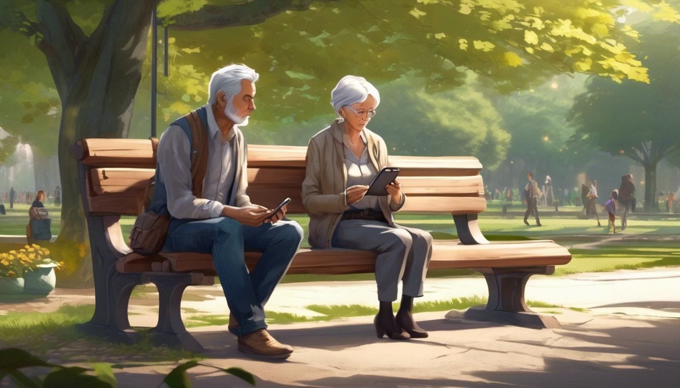 An elderly woman and middle-aged man sit on a park bench, focused on their phones.
