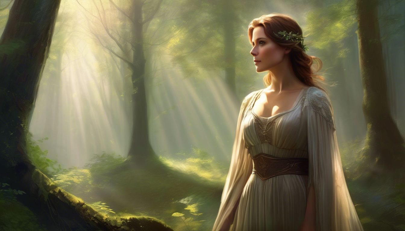 A woman peacefully stands in a forest clearing with sunlight streaming.