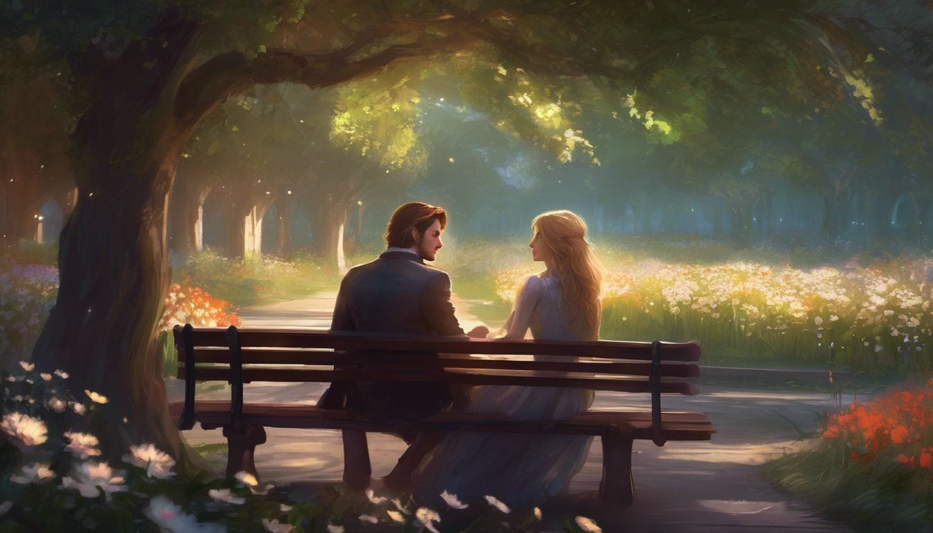 A couple deep in conversation about relationship balance on a park bench.