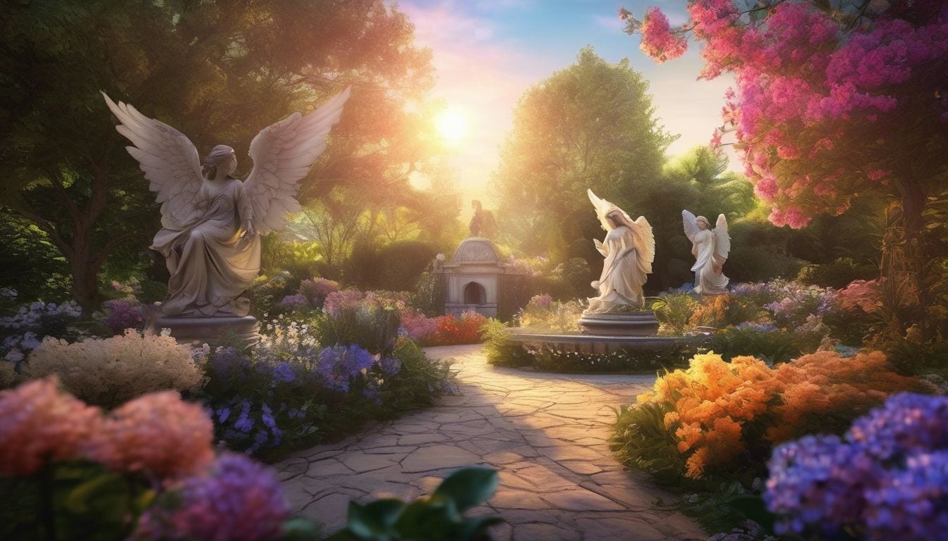 The image shows a peaceful garden with two identical angel statues.