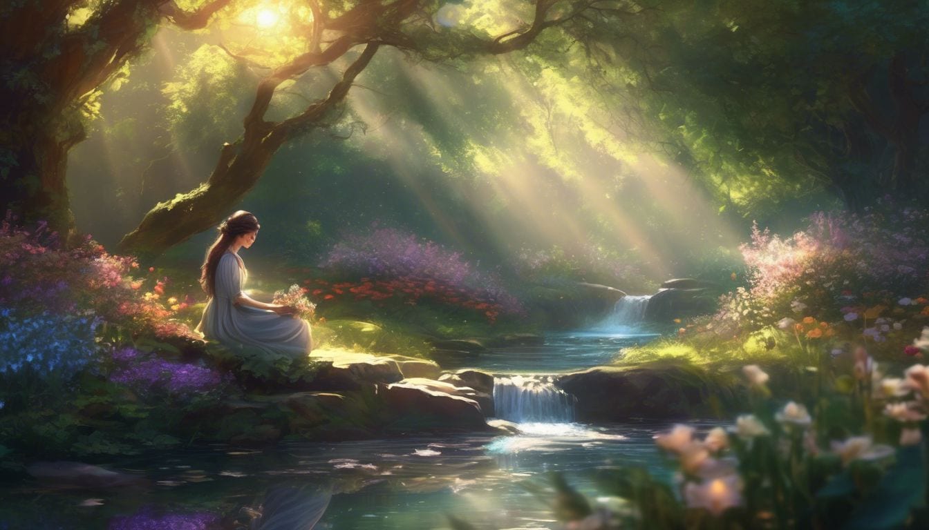 A person sitting peacefully in a garden surrounded by nature.