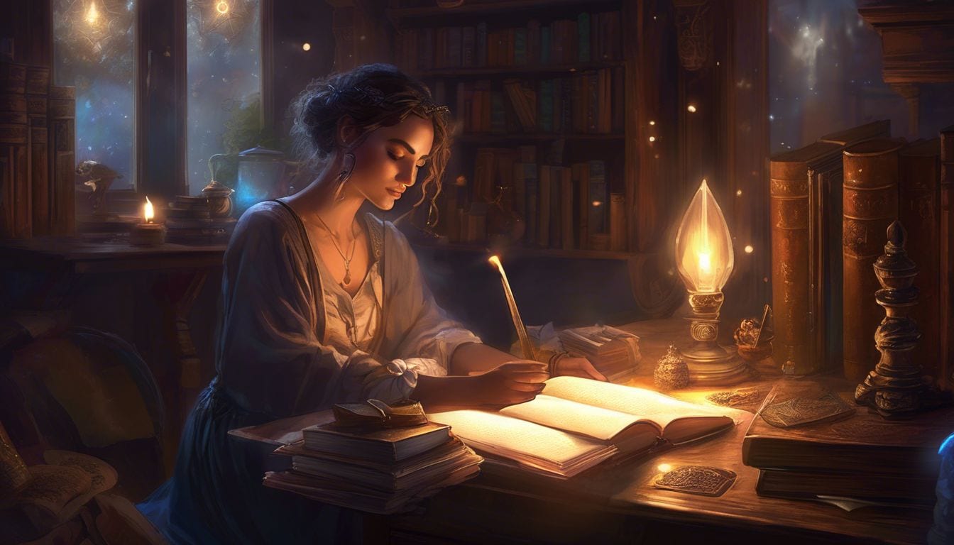 A person in their 30s sits at a desk surrounded by angel number books and divination tools in a cozy, mystical environment.