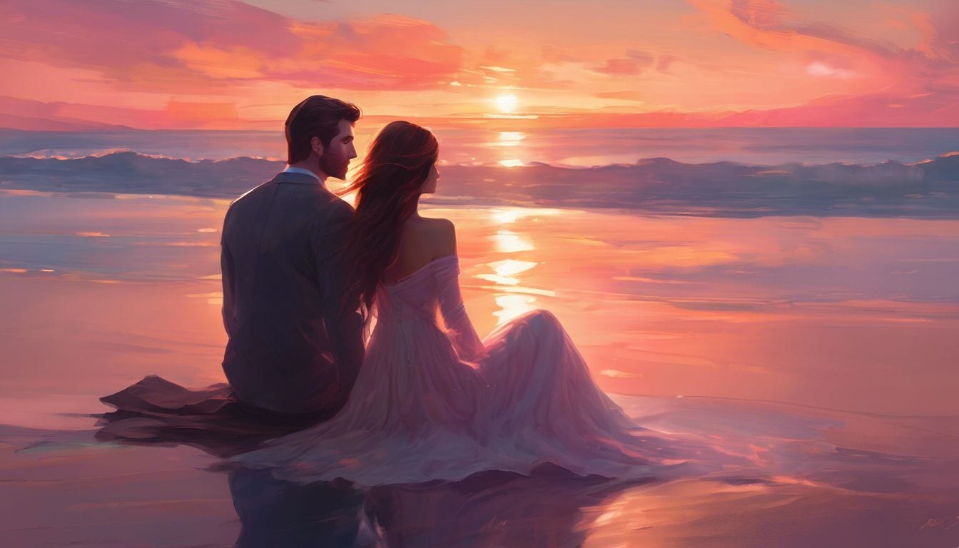 A mid-30s couple sitting on a beach, having an intimate moment.